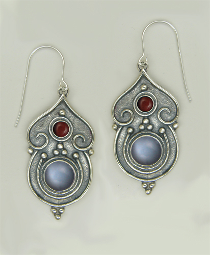Sterling Silver Gothic Inspired Drop Dangle Earrings With Grey Moonstone And Red Tiger Eye